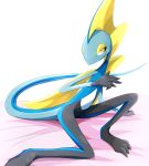  2020 3_toes 5_fingers ambiguous_gender anthro black_body blue_body cape clothing fingers gloves handwear hi_res inteleon nintendo pok&eacute;mon pok&eacute;mon_(species) reptile scalie simple_background sitting smile solo toes video_games white_background yellow_body yellow_eyes zymonasyh 