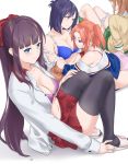  4girls bangs black_legwear blue_bra blue_eyes blue_hair blue_shirt blunt_bangs bow bra bra_strap breasts brown_hair character_request cleavage collarbone collared_shirt copyright_request dress_shirt eyebrows_visible_through_hair gabriel_dropout green_legwear green_skirt hair_bow hair_intakes hand_on_another&#039;s_shoulder leaning_back long_hair long_sleeves medium_breasts midriff miniskirt multiple_girls navel new_game! off_shoulder open_clothes open_shirt orange_hair panties panty_pull pleated_skirt ponytail purple_bra purple_eyes red_bow red_skirt saruno_(eyesonly712) shiny shiny_hair shirt short_hair sitting skirt stomach sweater takimoto_hifumi thighhighs tsukinose_vignette_april twintails unbuttoned unbuttoned_shirt underwear undressing very_long_hair white_panties white_shirt wing_collar yellow_sweater zettai_ryouiki 
