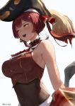  1girl alternate_eye_color armpit_crease ascot bangs bare_shoulders bicorne bodysuit_under_clothes breasts covered_navel hair_ribbon hat highres hololive houshou_marine jacket large_breasts looking_to_the_side medium_hair navel off_shoulder open_mouth red_hair red_jacket red_neckwear red_ribbon red_vest ribbon sidelocks simple_background sleeveless solo twintails twitter_username upper_body upper_teeth vest virtual_youtuber white_background yellow_eyes zeradok 
