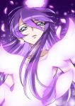  1girl bangs collarbone eyebrows_visible_through_hair floating_hair hair_between_eyes heartcatch_precure! henshin long_hair looking_at_viewer parted_lips petals precure purple_background purple_eyes purple_hair shiny shiny_hair solo tsukikage_oyama tsukikage_yuri upper_body very_long_hair 