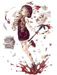  1girl blonde_hair blood blood_on_face blood_splatter bloody_clothes bloody_hands bloody_weapon cake crowbar food full_body hood hoodie ji_no little_red_riding_hood_(sinoalice) long_hair looking_at_viewer official_art orange_eyes pocket_watch reality_arc_(sinoalice) shoes sinoalice sleeveless sneakers solo tongue tongue_out watch weapon white_background 