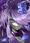  1girl bangs blue_eyes blue_flower blue_rose choker closed_mouth collarbone cure_moonlight earrings floating_hair flower hair_flower hair_ornament heartcatch_precure! jewelry long_hair looking_at_viewer petals portrait precure purple_hair rose shiny shiny_hair solo swept_bangs tsukikage_oyama very_long_hair 