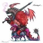  1:1 2020 ambiguous_gender anthro armor claws clothed clothing digital_media_(artwork) dragon duo equid equine feral gloves handwear headgear helmet hi_res holding_object holding_sword holding_weapon hooves horn horse larger_male male mammal melee_weapon membrane_(anatomy) membranous_wings muscular muscular_male pink_body quadruped red_body scales scalie simple_background sitting size_difference small_wings sword taran_fiddler weapon white_background wings 