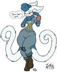  2020 2_tails anthro bethesda_softworks blue_body blue_fur blue_hair blush boots breasts caitlyn_(swordfox) cleavage clothed clothing complaining crossed_legs crossover dust_cloud english_text fallout fallout:_pca female footwear fur gloves_(marking) hair hi_res in_heat inkwell-pony markings meowstic multi_tail nintendo pip-boy pok&eacute;mon pok&eacute;mon_(species) pok&eacute;morph red_eyes signature solo speech_bubble story story_in_description text uncomfortable vault_suit video_games wet wet_clothing white_body white_fur yellow_sclera 