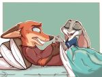  anthro bed belly canid canine disney duo female fox furniture hands_on_belly judy_hopps lagomorph leporid male male/female male_pregnancy mammal nick_wilde pregnant rabbit scared zootopia 