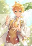  1boy absurdres blonde_hair blurry blurry_background blush bokeh boutonniere bow company_name cravat curtains day depth_of_field dutch_angle floral_arch flower green_eyes groom hair_bow hatsune_miku_graphy_collection highres holding holding_ring jacket jewelry jewelry_removed kagamine_len long_sleeves looking_at_viewer low_ponytail male_focus necktie official_art open_clothes open_jacket outstretched_hand pants petals ponytail reaching_out ribbon ring shinotarou_(nagunaguex) shirt smile solo sparkle tuxedo upper_body vest vocaloid watermark web_address wedding_ring white_bow white_flower white_jacket white_pants white_shirt wind wing_collar yellow_neckwear yellow_ribbon yellow_vest 