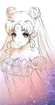  1girl bare_shoulders bishoujo_senshi_sailor_moon breasts cleavage closed_mouth crescent double_bun dress earrings facial_mark forehead_mark hair_ornament highres jewelry long_hair looking_at_viewer princess_serenity sailor_moon simple_background solo strapless tsukino_usagi twintails very_long_hair 