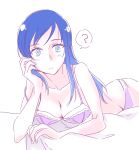  1girl ? bed_sheet blue_eyes blue_hair blush bra breasts cleavage closed_mouth collarbone dokidoki!_precure frown groin hishikawa_rikka long_hair lying medium_breasts negom on_stomach panties pink_bra pink_panties precure shiny shiny_hair simple_background sketch solo speech_bubble straight_hair underwear underwear_only white_background 