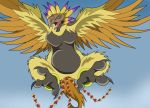  2019 3_toes ambiguous_gender digimon digimon_(species) feral flying hououmon nude open_mouth sky solo toes vegabone wings 