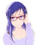  1girl adjusting_hair blue_eyes blue_hair closed_mouth collarbone dokidoki!_precure glasses grey_sweater hishikawa_rikka long_hair long_sleeves looking_at_viewer negom precure red-framed_eyewear shiny shiny_hair simple_background smile solo sweater upper_body white_background 