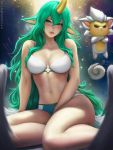  1girl alternate_costume alternate_hair_color animal_ears artist_name bare_shoulders bikini breasts cleavage collarbone commentary dated frown gem green_eyes green_hair hair_between_eyes highres horn large_breasts league_of_legends long_hair magical_girl sciamano240 shisa_(league_of_legends) signature sitting soraka star_guardian_(league_of_legends) star_guardian_soraka starry_background swimsuit very_long_hair wavy_hair white_bikini 