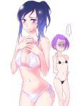  ... 2girls arm_behind_back bangs bikini black_bikini blue_eyes blue_hair blush braid breasts cleavage closed_mouth cowboy_shot dokidoki!_precure groin hair_ornament hairclip halterneck high_ponytail hishikawa_rikka kenzaki_makoto long_hair looking_at_viewer medium_breasts micro_bikini multiple_girls navel negom precure purple_hair shiny shiny_hair short_hair side-tie_bikini sideboob simple_background sketch sweatdrop swept_bangs swimsuit thigh_gap white_background white_bikini 