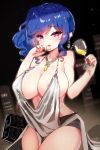  14c 1girl absurdres alcohol azur_lane backless_dress backless_outfit bag bangs bare_shoulders blue_hair blue_nails blush breasts cityscape cleavage commentary_request cup dress drinking_glass earrings evening_gown eyebrows_visible_through_hair finger_to_cheek grey_dress hair_between_eyes hair_ornament hairclip halter_dress handbag highres holding holding_cup indoors jewelry large_breasts looking_at_viewer nail_polish necklace night night_sky pink_eyes plunging_neckline revealing_clothes side_ponytail sidelocks silver_dress sky st._louis_(azur_lane) st._louis_(luxurious_wheels)_(azur_lane) standing thighs 