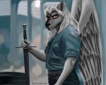  a angry anthro canid canine coin fantasy fight film gift greenlion hi_res male mammal melee_weapon short simuran solo sword toss weapon were werecanid werecanine werewolf wings witcher 