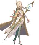  1girl bangs blonde_hair boots cape dress emmeryn_(fire_emblem) fire_emblem fire_emblem_awakening fire_emblem_heroes full_body green_footwear highres holding long_dress long_hair official_art parted_bangs solo staff thigh_boots thighhighs transparent_background 