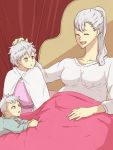  1boy 2girls acier_silva black_clover breasts cape closed_eyes collarbone hand_on_another&#039;s_head jinguu_(timaya) large_breasts long_hair lying mother_and_daughter mother_and_son multiple_girls nebra_silva on_bed ponytail pregnant purple_eyes shirt silver_hair solid_silva white_cape white_shirt younger 