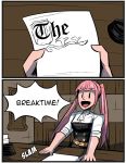  1girl :d arktoons fire_emblem fire_emblem:_three_houses garreg_mach_monastery_uniform highres hilda_valentine_goneril lazy open_mouth paper parody pink_hair sitting smile spongebob_squarepants table twintails |_| 