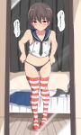  1boy baretto_(karasi07) bed black_panties brown_hair cosplay crop_top crossdressing highres kantai_collection original otoko_no_ko panties sailor_collar shimakaze_(kantai_collection) shimakaze_(kantai_collection)_(cosplay) short_hair striped striped_legwear thighhighs thong translation_request underwear 