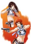  2girls belt black_hair blue_eyes breasts brown_eyes cleavage dirty_pair dirty_pair_(novels) earrings fighting_stance fingerless_gloves gloves gun handgun highres holster holstered_weapon jewelry kei_(dirty_pair_novels) long_hair medium_breasts micro_shorts midriff multiple_girls navel open_mouth orange_hair pistol red_lips red_nails short_hair shorts teikoku_jokyoku weapon white_gloves yuri_(dirty_pair_novels) 