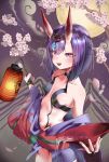  1girl alcohol bangs bare_shoulders blush bob_cut breasts cherry_blossoms collarbone cup eyeliner fate/grand_order fate_(series) full_moon headpiece highres horns japanese_clothes kimono lantern long_sleeves looking_at_viewer makeup moon navel obi off_shoulder oni oni_horns open_mouth paper_lantern petals pouring purple_eyes purple_hair purple_kimono revealing_clothes sakazuki sake sash short_hair short_kimono shuten_douji_(fate/grand_order) skin-covered_horns small_breasts smile teira wide_sleeves 