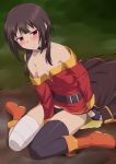  1girl bandaged_leg bandages belt black_legwear black_panties blush boots brown_hair cape_removed collar commentary dress embarrassed fingerless_gloves flat_chest gloves highres kono_subarashii_sekai_ni_shukufuku_wo! looking_at_viewer megumin mismatched_legwear nipple_slip nipples outdoors panties pee peeing peeing_self puddle red_eyes shichimenchou shirt_slip short_hair_with_long_locks single_thighhigh sitting solo strapless strapless_dress thighhighs thighs underwear wariza zettai_ryouiki 