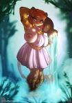  5_fingers anthro atryl breasts calista_floros clothed clothing deity detailed_background digital_media_(artwork) felid female fingers fur hair hi_res holding_object lion mammal nipples pantherine smile solo soulblader standing 
