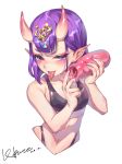  1girl absurdres artificial_vagina bangs bare_shoulders black_bra black_panties blush bob_cut bra breasts collarbone eyeliner fate/grand_order fate_(series) headpiece highleg highleg_panties highres horns looking_at_viewer makeup navel oni oni_horns panties pointy_ears purple_eyes purple_hair short_hair shuten_douji_(fate/grand_order) simple_background skin-covered_horns small_breasts smile souno_hana sports_bra tongue tongue_out underwear white_background 