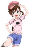  1girl blue_eyes breasts brown_hair denim gegege_no_kitarou hair_ornament hairclip hat inuyama_mana jeans looking_at_viewer open_mouth pants ribonzu short_hair shorts simple_background smile solo white_background 