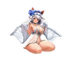  1girl armadillo_ears babydoll bangs blush breasts brown_eyes full_body gloves highres large_breasts last_origin lingerie mr.yun navel nipples panties saetti short_hair silver_hair sitting smile solo tachi-e thighs transparent_background underwear veil white_gloves wide_hips 