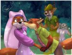  2020 anthro black_nose border bottomwear canid canine clothed clothing disney eyes_closed female fox fully_clothed fur goatm grey_body grey_fur group judy_hopps kissing_cheek lagomorph leporid maid_marian male mammal necktie nick_wilde open_mouth orange_body orange_fur pants rabbit red_fox robin_hood robin_hood_(disney) shirt shocked standing topwear white_body white_border white_fur zootopia 