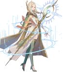  1girl bangs blonde_hair boots cape dress emmeryn_(fire_emblem) fire_emblem fire_emblem_awakening fire_emblem_heroes full_body green_footwear highres holding long_dress long_hair official_art parted_bangs solo staff thigh_boots thighhighs transparent_background 