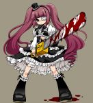  1girl blood bloomers blush chainsaw dress eyepatch frills fujiwhite182 gothic_lolita hanazono_yurine hat highres huge_filesize jashin-chan_dropkick lolita_fashion long_hair looking_at_viewer medical_eyepatch mini_hat purple_eyes purple_hair ribbon solo twintails underwear 