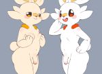  2020 anthro balls belly black_sclera blush breasts duo flaccid front_view fur genitals grey_background hand_on_breast male narrowed_eyes nintendo nude open_mouth penis pok&eacute;mon pok&eacute;mon_(species) pururing scorbunny shiny_pok&eacute;mon simple_background standing uncut video_games white_body white_eyes white_fur yellow_body yellow_fur 