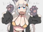  1girl :3 alternate_costume animal_ears bangs bell bell_collar bikini black_collar black_jacket blonde_hair blue_eyes blush braid breasts cat_ears collar eyebrows_visible_through_hair food fur_collar gloves grey_background grey_hair hair_ornament jacket kizuna_akari large_breasts mouth_hold navel nyan paw_gloves paw_pose paws rkrk side-tie_bikini simple_background solo swimsuit taiyaki twin_braids voiceroid wagashi yellow_bikini 