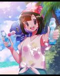  1girl :d bangs beanie black_hair blush cloud commentary_request day gen_7_pokemon green_shorts hat highres holding looking_at_viewer mizuki_(pokemon) open_mouth outdoors outstretched_arm palm_tree pokemon pokemon_(creature) pokemon_(game) pokemon_sm popplio ramune red_headwear rinka_na31415 shirt short_hair short_sleeves shorts sky smile starter_pokemon summer teeth tied_shirt tongue tree upper_teeth water 