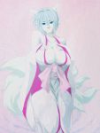  3:4 anthro blue_eyes blue_hair breasts canid canine clothed clothing fan_character female fluffy fluffy_tail fox fur hair mammal multi_tail q_wed simple_background smile solo standing white_body white_fur 