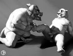  2020 5_fingers 5_toes anthro balls claws dbruin digital_media_(artwork) duo erection eye_contact eyebrows feet fingers floppy_ears genitals glans greyscale grin hair humanoid_genitalia humanoid_penis kneeling looking_at_another male male/male mammal monochrome overweight overweight_male pendant penis plantigrade reclining short_hair smile suid suina sus_(pig) tail_tuft teeth tickle_fetish tickling tickling_feet toe_claws toes tuft tusks ursid wild_boar 