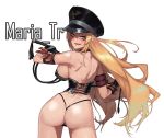 1girl armlet ass black_gloves blonde_hair blue_eyes breasts buckle bustier choker commission da_(dsasd751) dungeon_and_fighter eyeliner female_gunner_(dungeon_and_fighter) from_behind gloves hat highres lace large_breasts long_hair looking_back makeup maria_tr military_hat peaked_cap smile solo thong very_long_hair whip 