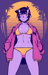  1girl 2019 abs absurdres bikini black_hair breasts frown hands_in_pockets highres hood hood_down hoodie horns ittla looking_at_viewer navel oni oni_horns open_clothes open_hoodie original pointy_ears purple_skin short_hair signature slit_pupils small_breasts solo swimsuit toned vaporwave yellow_bikini yellow_eyes 