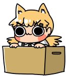  1girl :3 afei_(sfma3248) animal_ears bangs black_eyes black_neckwear blonde_hair blush_stickers box cardboard_box cat_ears chibi chinese_commentary collared_shirt commentary_request girls_frontline hair_ornament hairclip idw_(girls_frontline) in_container long_hair necktie shirt simple_background solo twintails v-shaped_eyebrows white_background white_shirt 
