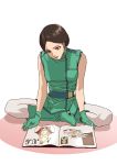  1girl absurdres blue_eyes boots breasts brown_hair commentary_request emma_sheen full_body gloves green_footwear green_gloves gundam henken_bekkener highres magazine medium_breasts reading sitting sleeveless solo teikoku_jokyoku zeta_gundam 