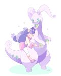  black_hair closed_eyes dark_skin gen_6_pokemon goodra green_eyes hug hug_from_behind iris_(pokemon) long_hair mei_(maysroom) pokemon pokemon_(creature) pokemon_(game) pokemon_bw pokemon_xy series_connection simple_background slime starry_background white_background 