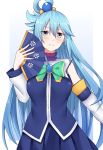  1girl absurdres aqua_(konosuba) arind_yudha blue_eyes blue_hair blush bow detached_sleeves eyebrows_visible_through_hair fan green_bow green_neckwear highres holding holding_fan kono_subarashii_sekai_ni_shukufuku_wo! long_hair simple_background smile solo white_background 