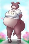  &lt;3 alternate_version_at_source anthro beastars belly big_belly big_breasts blush bottomless breasts brown_body brown_fur canid canine canis clothed clothing female footwear fur genitals juno_(beastars) mammal monooki333 overweight overweight_female pussy school_uniform solo uniform wolf 