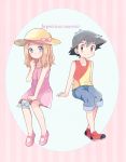  1boy 1girl bandaged_leg bandages black_hair blue_eyes blue_pants blush bow brown_eyes brown_hair commentary_request dress french_text hat hat_bow invisible_chair looking_at_another looking_at_viewer mary_janes medium_hair mei_(maysroom) pants pink_bow pink_dress pink_footwear pokemon pokemon_(anime) pokemon_xy_(anime) red_footwear red_tank_top satoshi_(pokemon) serena_(pokemon) shoes sitting smile sun_hat sundress tank_top younger 