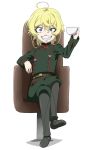  1girl ahoge belt blonde_hair blue_eyes grin looking_at_viewer military military_uniform open_mouth ribonzu short_hair simple_background smile solo tanya_degurechaff uniform white_background youjo_senki 