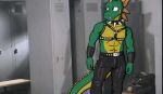  2020 abs anthro black_eyes bulge collar connivingrat front_view green_body green_scales harness kasdaq_(character) leather_pants lizard locker_room male meme reptile scales scalie solo spiked_collar spikes standing van-sama 