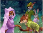  2020 anthro border bottomwear brown_body brown_fur canid canine clothed clothing crossover detailed_background disney fangs female fox fully_clothed fur goatm grey_body grey_fur group judy_hopps maid_marian male mammal necktie nick_wilde open_mouth open_smile outside pants red_fox robin_hood robin_hood_(disney) shirt smile topwear tunic white_body white_border white_fur zootopia 