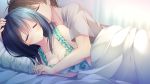  1boy 1girl bed black_hair breasts brown_hair cleavage closed_eyes game_cg hand_on_another&#039;s_head highres hoshino_nagisa indoors kimi_no_tonari_de_koishiteru! long_hair lying medium_breasts on_side pillow smile 