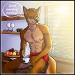  anthro beverage boxers_(clothing) brown_body brown_fur canid canine canis clothing coffee counter defensoris dialogue food fruit fur green_eyes hi_res jewelry kitchen male mammal marty_shepard necklace plant solo sunny underwear wolf 